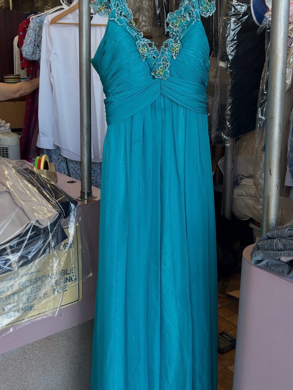 Teal Beaded V-Neck Maxi Dress